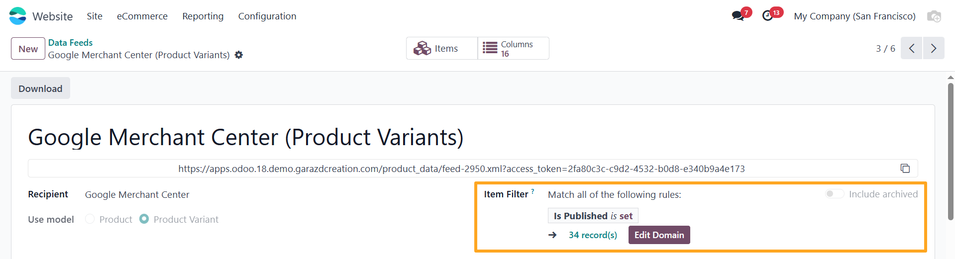 Odoo 18.0 Google Merchant Center GMC Product Data Feed Item Filter